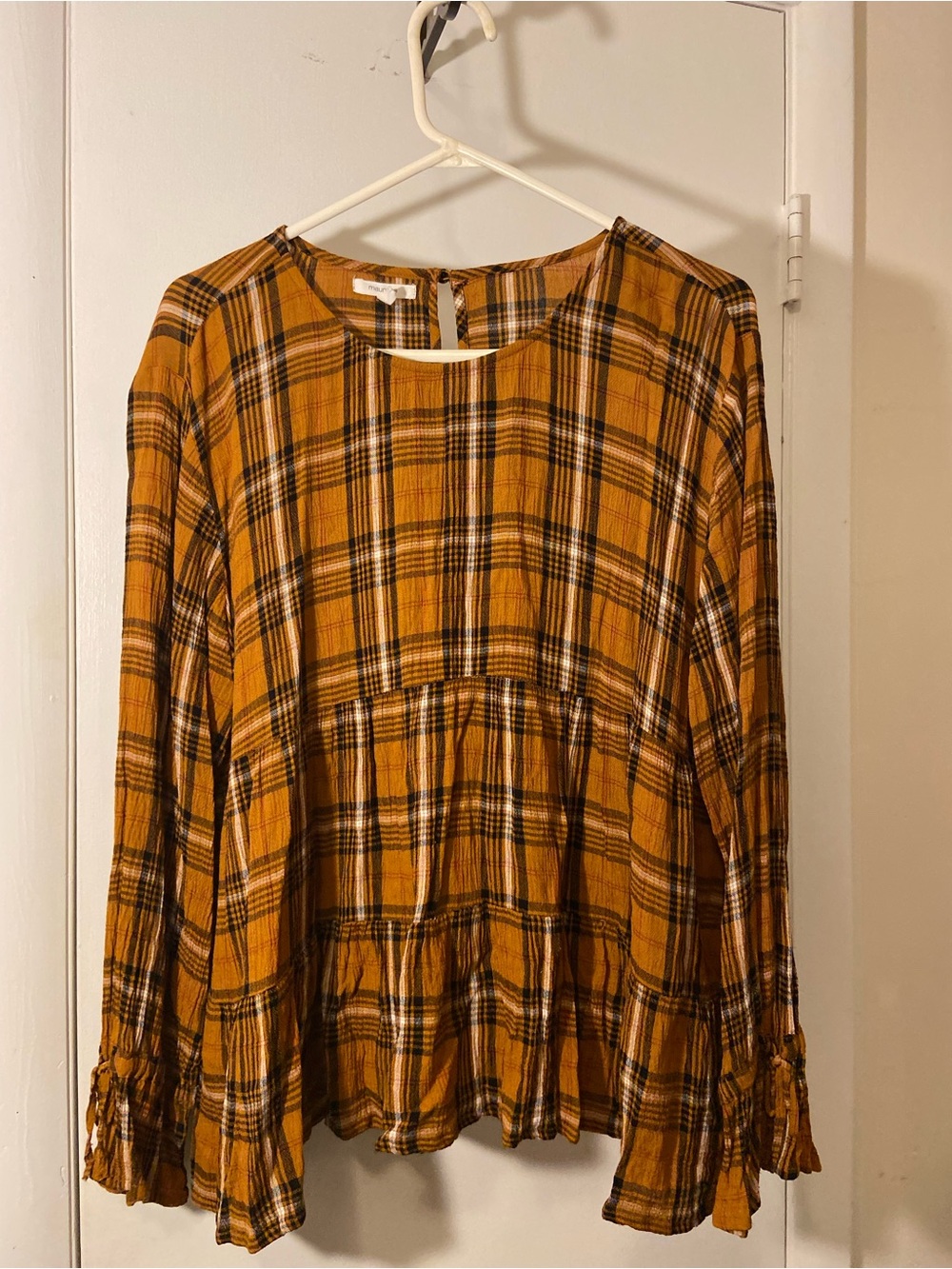 Maurices Mustard Plaid Tiered Long-Sleeve Blouse